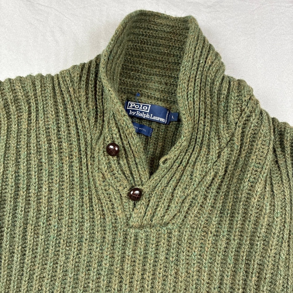 Polo Ralph Lauren Sweater Mens Large Green Wool Shawl Collar Ribbed Knit VTG